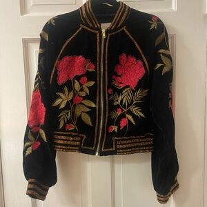 Anthropologie jacket velvet black bomber red xxs beaded